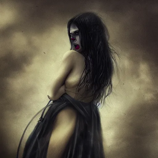 Image similar to a woman with yellow eyes and black hair, a detailed matte painting by basuki abdullah, deviantart, gothic art, demonic photograph, horror film, dark