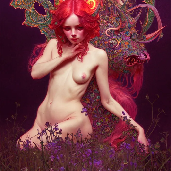 Image similar to psychedelic cute little demon, diffuse lighting, fantasy, intricate, elegant, highly detailed, lifelike, photorealistic, digital painting, artstation, illustration, concept art, smooth, sharp focus, art by John Collier and Albert Aublet and Krenz Cushart and Artem Demura and Alphonse Mucha