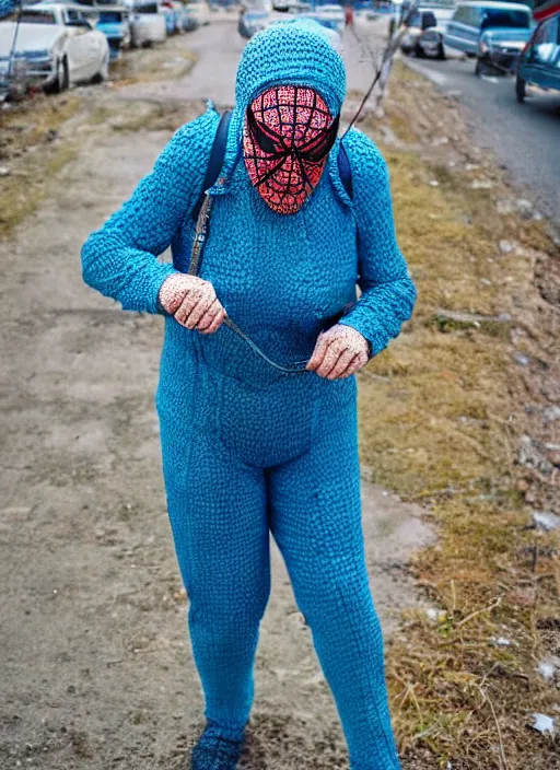 Prompt: stunning photograph of ( ( ( ( granny spiderman ) ) ) ) in rural russia town, moscow, knitted suit, dynamic pose, closeup, aperture 1. 2