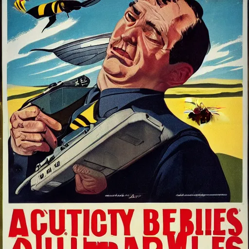 Prompt: + a security guard slumps sleeping at a computer + while a bumblebee carries a brown briefcase in the background, highly detailed, ww 2 american propoganda poster, colorized