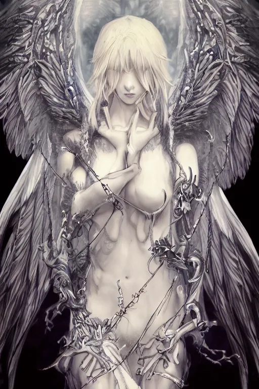 Image similar to beautiful demon anime maiden with angelic wings, intricate, elegant, highly detailed, artstation, concept art, illustration, art by Yoshitaka Amano