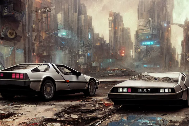 Image similar to photograph of the delorean driving down the streets of a cyberpunk abandoned city, by greg rutkowski, by stanley artgerm, by alphonse mucha