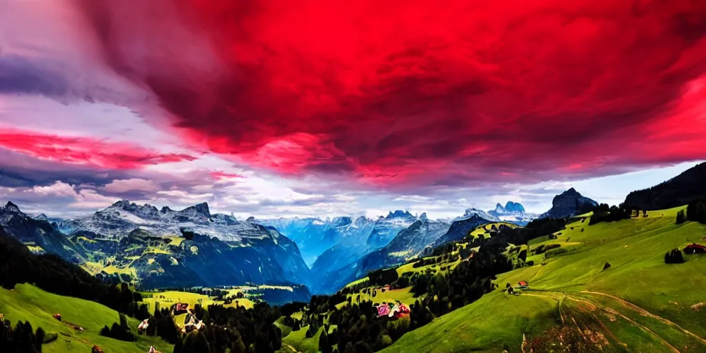 Prompt: Red Clouds above beautiful switzerland, stunning amazing.