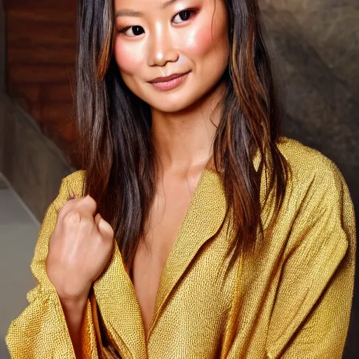 Prompt: full body photo shoot jamie chung wearing golden bathrobe highly detailed highly realistic