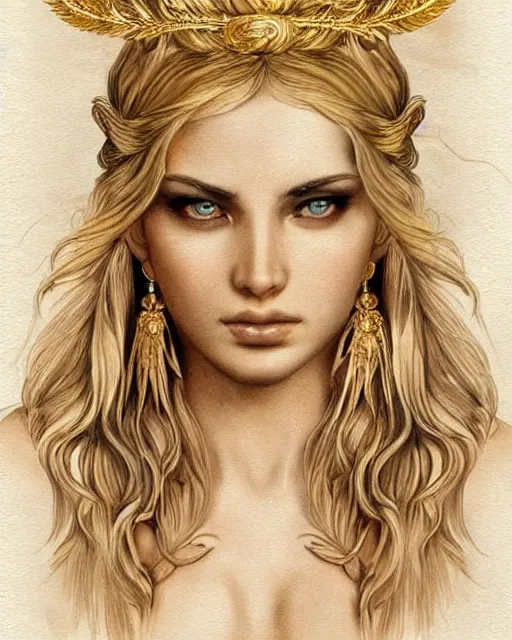 Image similar to tattoo design sketch of hot blonde super model as aphrodite greek goddess wearing a gold laurel wreath and triangle earrings, beautiful piercing gaze with sharp pupils, in the style of greg rutkowski, fantasy, amazing detail, epic, elegant, smooth, sharp focus, front view