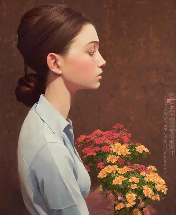 Image similar to an ultradetailed beautiful portrait painting of a girl as a floral shop keeper, side view, oil painting, high resolution, by ilya kuvshinov, greg rutkowski and makoto shinkai