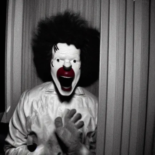 Image similar to creppy 2 0 0 1 photo of ronald mcdonald screaming in a dark room