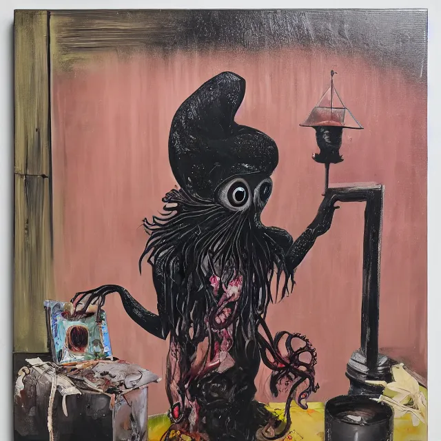 Image similar to a portrait in a dark apartment, rats, a widow holding an octopus, streetlamps, wet, puddles, wild berries, ikebana, neo - expressionism, surrealism, acrylic and spray paint and oilstick on canvas