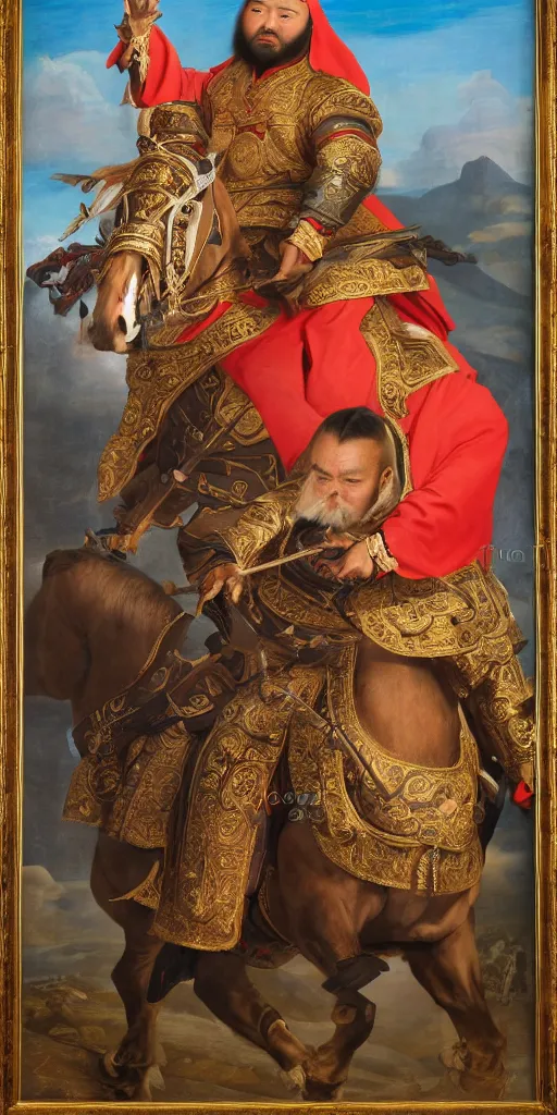 Prompt: Highly detailed and cinematic Renaissance period portrait oil painting of the Mongol Emperor Kublai Khan, an oil painting ((masterpiece)) by ((Josep Tapiró Baró)), dynamic lighting, 8K