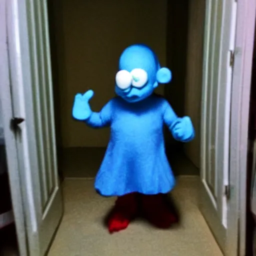 Prompt: grainy photo of a smurf as a creepy monster in a closet, harsh flash