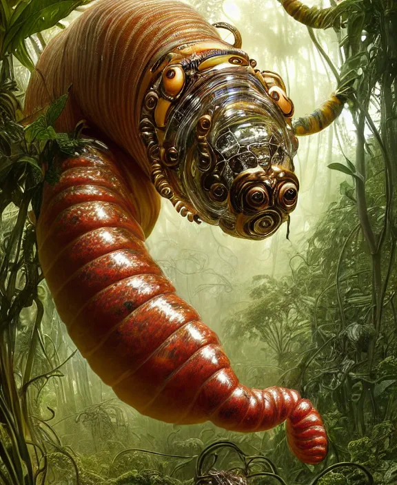 Image similar to intricate ornate opulent transparent clear see - through portrait of a terrifying beautiful fat male alien centipede, mottled coloring, adorable, childlike, overgrown jungle environment, ultra realistic, concept art, art nouveau, photorealistic, octane render, 8 k, unreal engine. art by christopher marley and artgerm and greg rutkowski and alphonse mucha
