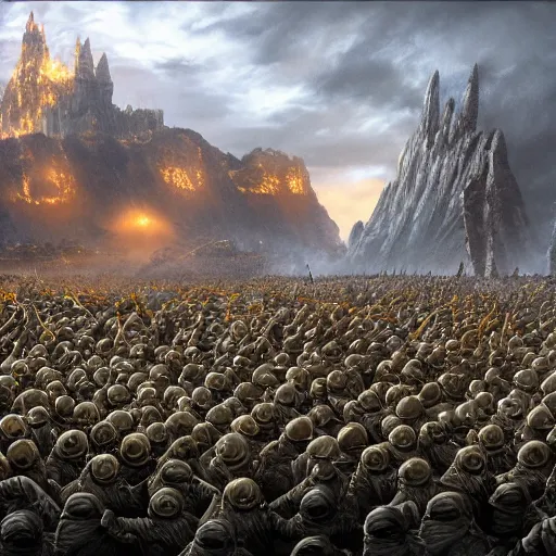 Image similar to An army of minions defend Helm’s Deep, lord of the rings concept art, sharp lighting, 4k, detailed, bright colors