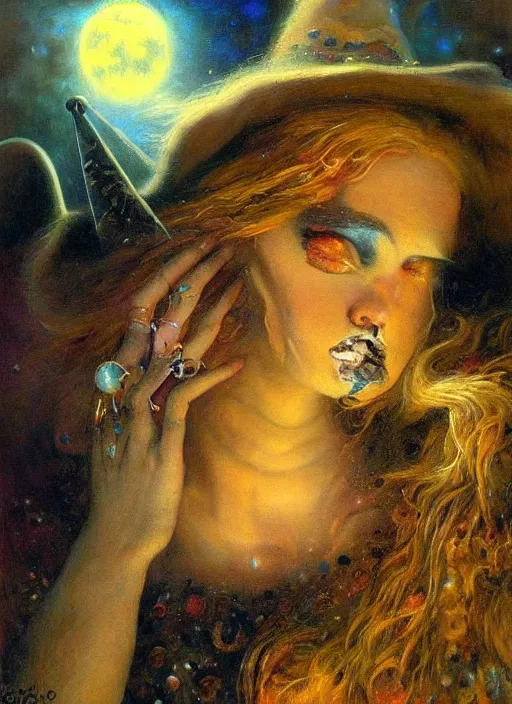 Image similar to surrealism, abstract, witch, portrait, close - up, make up, full big moon, painting by gaston bussiere, soft light