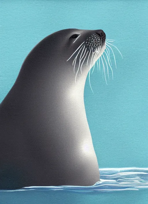 Image similar to a young man and a seal staring at each other intently. the man has brown curly hair, brown beard, small nose, blue eyes. the seal is gray. digital painting by annie lebowitz. extremely detailed, ultra realistic