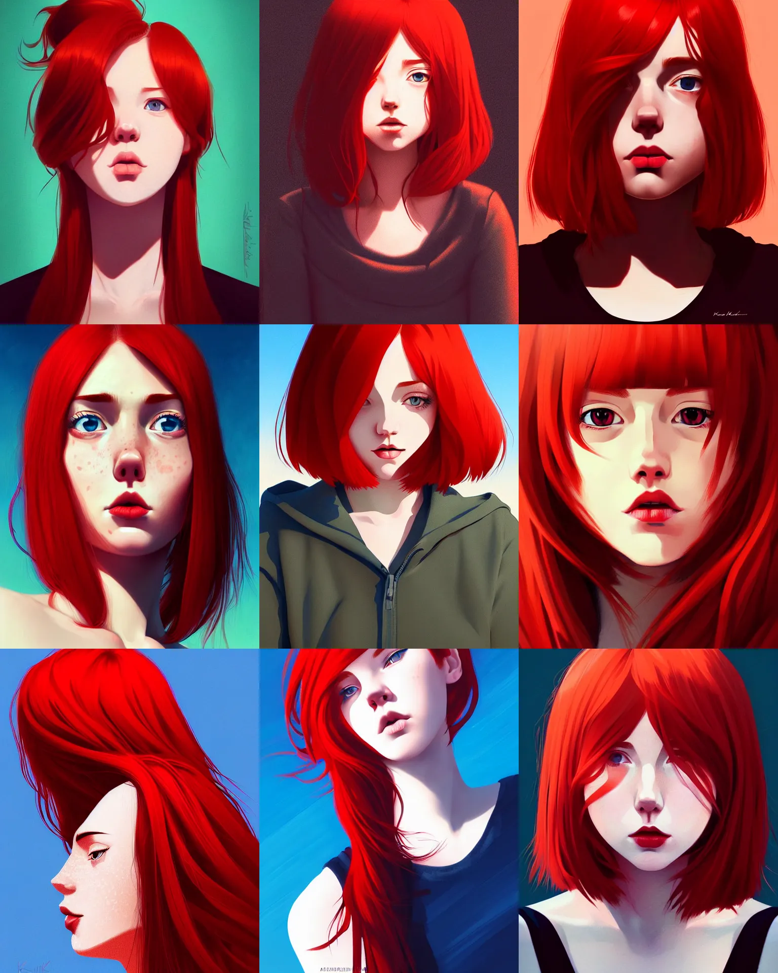 Prompt: a detailed portrait of a cuddly!!!! woman with red hair and freckles by ilya kuvshinov, digital art, dramatic lighting, dramatic angle