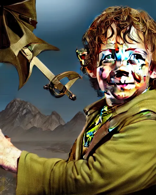 Prompt: Bilbo Baggins from Lord of the rings in GTA V loading screen, GTA V Cover art by Stephen Bliss, boxart, loading screen,