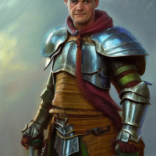 Image similar to barney from barney the dinosaur kids show as a realistic fantasy d & d knight, closeup portrait art by donato giancola and greg rutkowski, digital art, trending on artstation