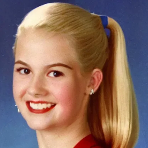 Image similar to a yearbook photo of Betty Cooper in 1966, she has a ponytail and bangs