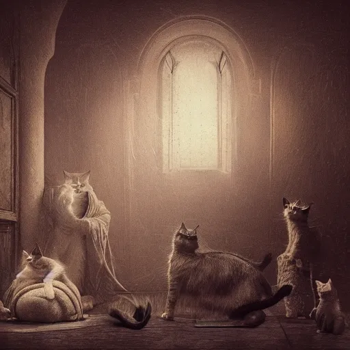 Prompt: cats creepy, nightmare, dream-like heavy atmosphere, surreal , neoclassic, baroque painting, beautiful detailed intricate insanely detailed octane render trending on Artstation, 8K artistic photography, photorealistic, volumetric cinematic light, chiaroscuro, Raphael, Caravaggio, Beksinski, Giger, Rembrandt
