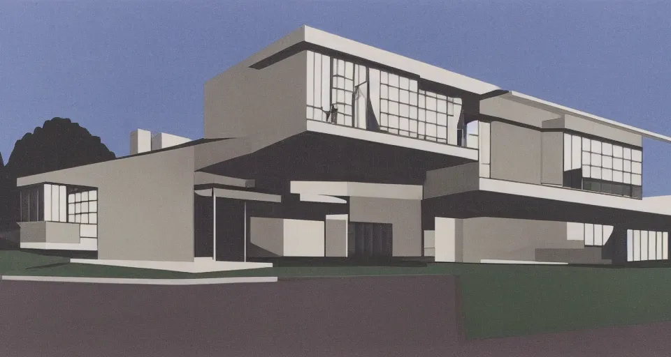 Image similar to modern house, bauhaus, mies van der rohe, matte painting, hiroshi nagai