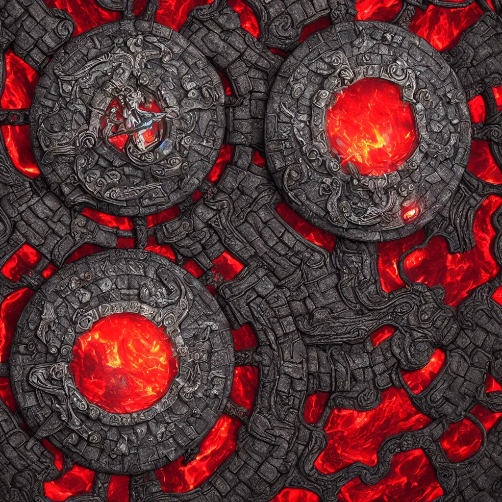 Prompt: ornate and detailed round battle shield made of lava rock and dragon scales, wide angle shot, red and obsidian colors, dungeons and dragons themed, 4 k octane digital render, unreal engine 5, styled by greg rutkowski and extreme levels of detail