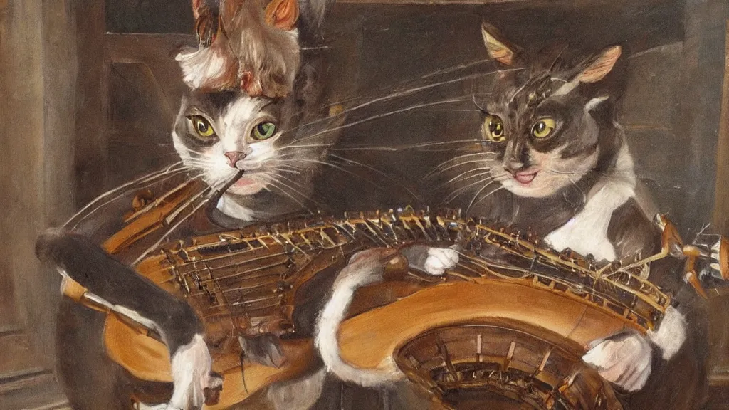 Image similar to Painting of a half man half cat creature playing the hurdy gurdy in a grand hall, hyperrealistic