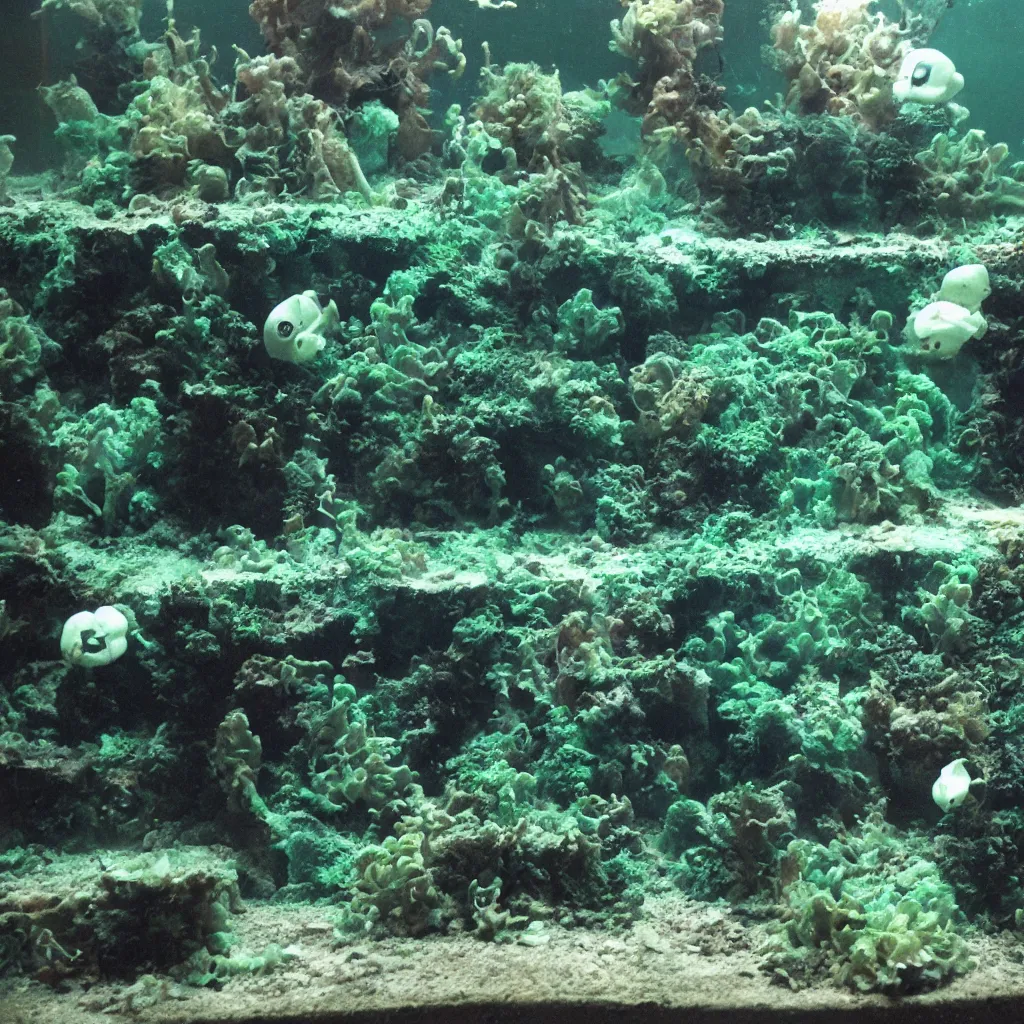 Image similar to an abandoned spooky underwater aquarium filled with 1 9 8 0 s computers, illuminated displays, aquatic exhibition, covered in algae, photo taken on fujifilm superia film, 3 5 mm film, urban exploration photography, scuba photography