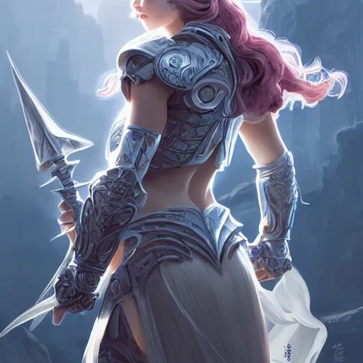 Image similar to portrait young knights of Zodiac girl, matt white color armor, in ruined Agora of Athens Sunrise, ssci-fi and fantasy, intricate and very beautiful and elegant, highly detailed, digital painting, artstation, concept art, smooth and sharp focus, illustration, art by tian zi and WLOP and alphonse mucha