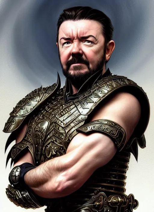 Image similar to portrait of ricky gervais, d & d, muscular!! armour, intricate, elegant, highly detailed, digital painting, artstation, concept art, smooth, sharp focus, illustration, art by artgerm and greg rutkowski and alphonse mucha