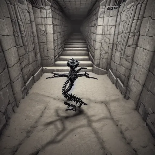 Prompt: skeletal sand creature creeping through a dungeon, fractal and stylized creature design, 3 d render digital art masterpiece, surreal cartoon proportions