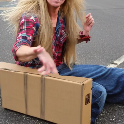 Image similar to long - haired blonde hillbilly kicking cardboard boxman