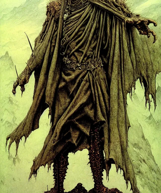 Image similar to A detailed horned crocodileman stands among the hills. Wearing a ripped mantle, robe. Fangs. Extremely high details, realistic, fantasy art, solo, masterpiece, art by Zdzisław Beksiński, Arthur Rackham, Dariusz Zawadzki