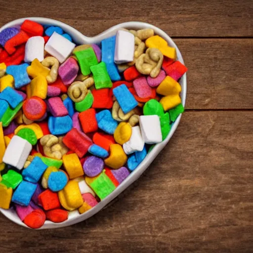 Prompt: lucky charms cereal and colorful marshmallows in the shape of crucifixes, fish, bibles, loaves of bread, and the virgin mary in a bowl