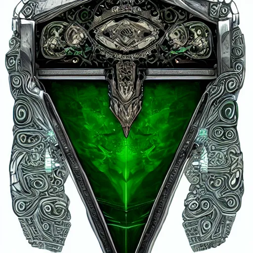 Image similar to an ancient white bone and emerald gemstone relic, intricate engraving, concept art style