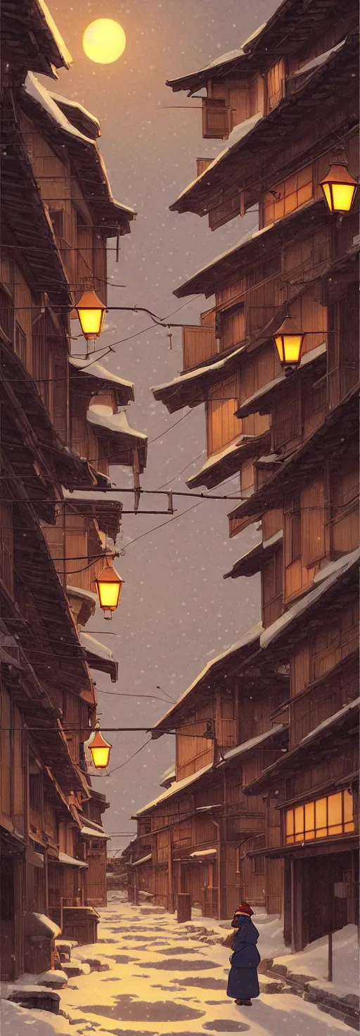 Image similar to empty rural japanese town at night, winter, in the style of studio ghibli, j. c. leyendecker, greg rutkowski, artem