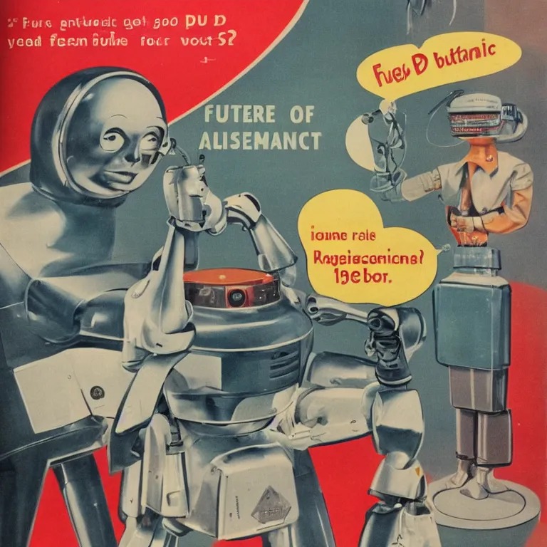 Prompt: 1950s future prediction of an artificial intelligent robot, super detailed colour 1950s realistic advertising illustration