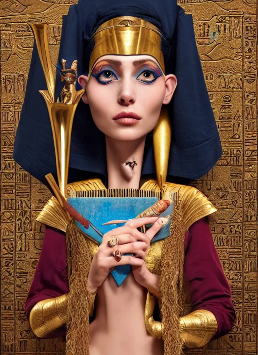 Image similar to an anthropomorphic beautiful female wizard of pharaoh holding magic wand portrait wearing robe, fine art, award winning, intricate, elegant, sharp focus, octane render, hyperrealistic, cinematic lighting, highly detailed, digital painting, 8 k concept art, art by jamie hewlett and z. w. gu, masterpiece, trending on artstation, 8 k