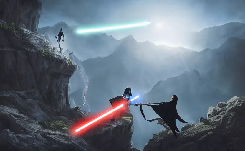 Prompt: two hooded figures engaging in an epic lightsaber duel on a cliffside, epic, fantasy artwork, intense, cinematic, raytracing, dynamic lighting, 4 k