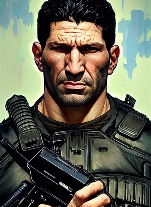 Prompt: jon bernthal as the punisher, painting by artgerm and greg rutkowski and alphonse mucha