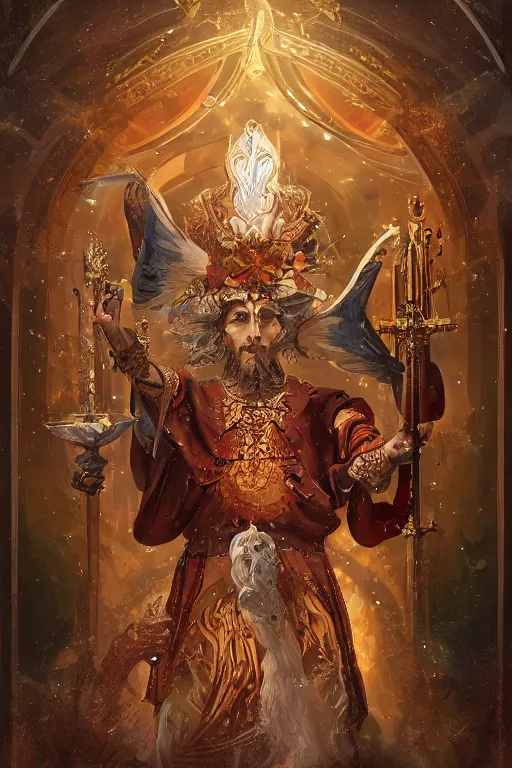 Prompt: the hierophant from major arcana character concept art, digital painting, mixed media, trending on artstation and deviantart, epic composition, magnum opus, highly detailed, 8 k