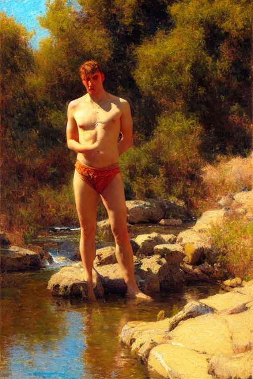 Image similar to attractive man by a river, bright sunlight, oil covered skin, painting by gaston bussiere, craig mullins