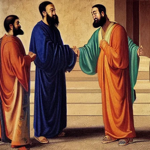 Prompt: Aristotle and Confucius shaking hands, oil painting, by Rafael, 4k,