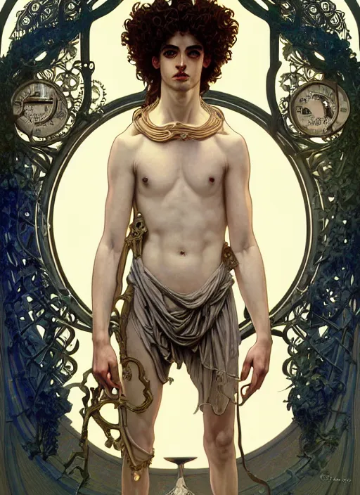 Image similar to the god hermes, young man, curly hair, glowing eyes, volumetric lights, cyan and white scheme, art nouveau botanicals, gothic, intricate, highly detailed, digital painting, artstation, concept art, smooth, sharp focus, symmetric face, illustration, steampunk, art by artgerm and greg rutkowski and alphonse mucha