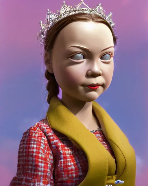 Image similar to closeup face profile portrait of greta thunberg as a tin toy 1 9 5 0 s prom queen, bikini, depth of field, zeiss lens, detailed and intricate environment, fashion photoshoot by nicoletta ceccoli, mark ryden, lostfish, breathtaking, 8 k resolution, artistic, hyperrealistic, octane render