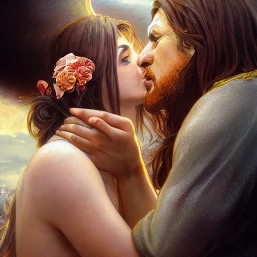 Image similar to jesus kissing a woman in a street, elegant, highly detailed, digital painting, artstation, concept art, matte, sharp focus, highly detailed, 4 k, hdr, smooth, sharp focus, high resolution, award - winning photo, photorealistic, art by artgerm and greg rutkowski and alphonse mucha, large shot