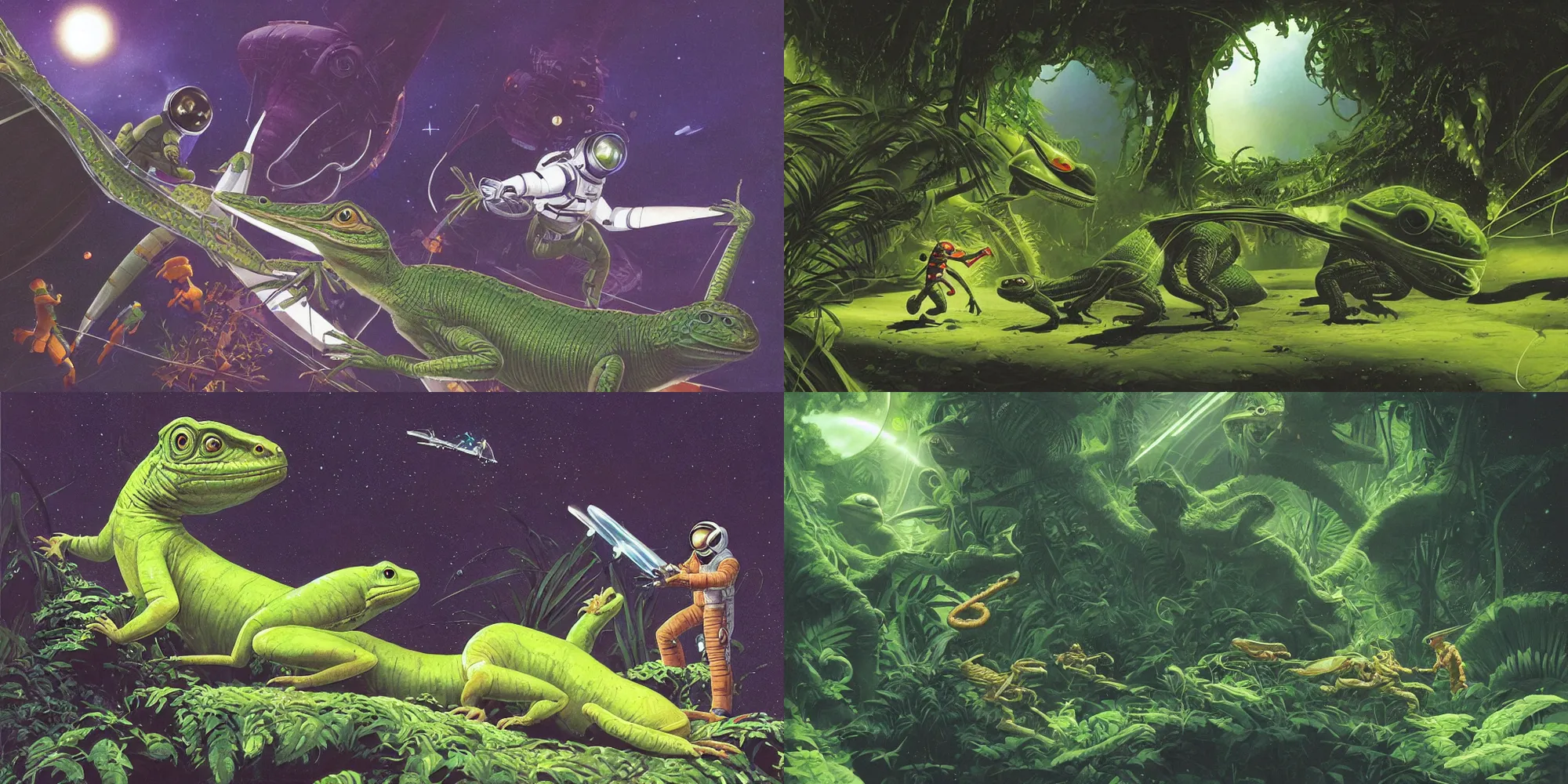 Prompt: a beautiful illustration of a an astronaut fighting a green lizard alien near a crashed space ship on a tropical garden world by Ralph McQuarrie| sparth:.2 | Tim white:.4 | Rodney Mathews:.2 | Graphic Novel, Visual Novel, Colored Pencil, Comic Book:.2