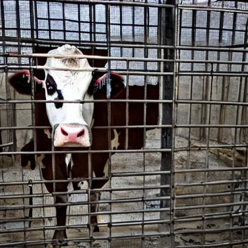 Image similar to dirty bottle of milk and a cow inside a cage, inside slaughterhouse