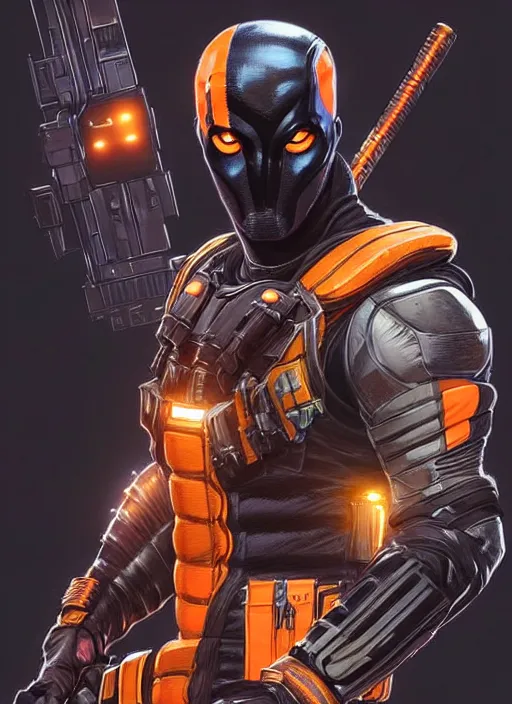 Image similar to portrait of apex legends deathstroke, intricate, elegant, glowing lights, highly detailed, digital painting, artstation, glamor pose, concept art, smooth, sharp focus, illustration, art by artgerm and greg rutkowski, artey freytag