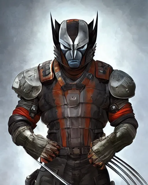 Prompt: Wolverine in Apex Legends Armor dropping into battle character digital illustration portrait design by, Brad Kunkle detailed, gorgeous lighting, wide angle dynamic portrait