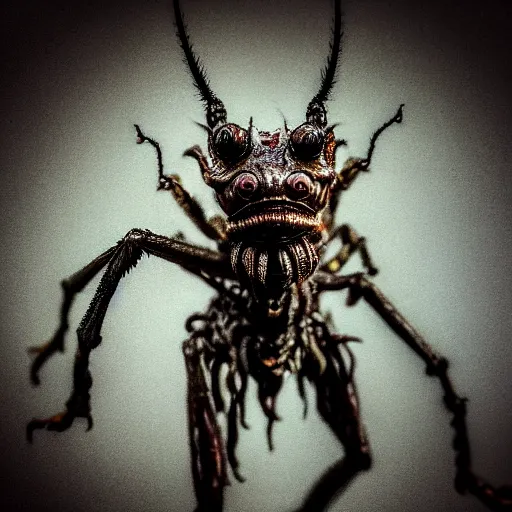 Prompt: photo taken of an epic intricate, ultra detailed, super realistic gritty, wet, slimy, lifelike sculpture of a nightmarish hellish humanoid faced insectoid creature created by weta workshop, menacing, some zoomed in shots, photorealistic, sharp focus, white wall, extremely cold blueish colour temperature, 3 5 mm, f 1. 4, golden ratio